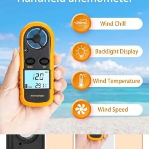 Anemómetro digital portátil naranja con pantalla LCD en venta en 8trust.cl